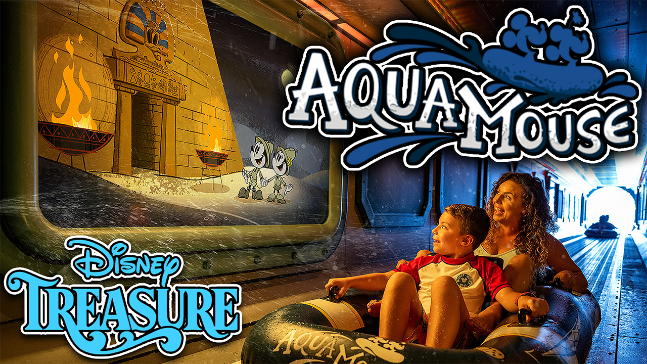 A mother and child enjoy a thrilling ride on the AquaMouse water attraction, where an animated scene is beautifully projected onto the tunnel walls.