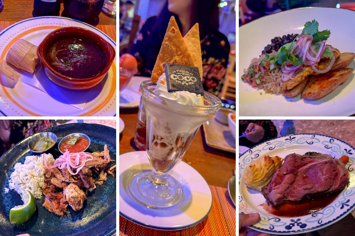 A culinary collage featuring a dessert parfait, rice with meat and potatoes, tamales with sauce, roasted meat with sides, and shredded meat with rice and lime—perfect for experiencing rotational dining aboard the Disney Cruise Line's enchanting Disney Treasure.