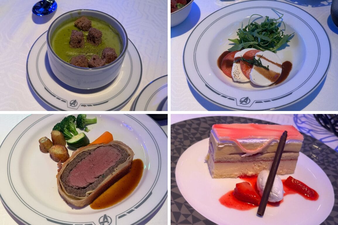 Experience a four-course meal that transports you to worlds of marvel: start with pea soup featuring savory meatballs, enjoy a salad with mozzarella and tomatoes, savor the beef Wellington accompanied by vegetables, and delight in a layered dessert with strawberries and cream.