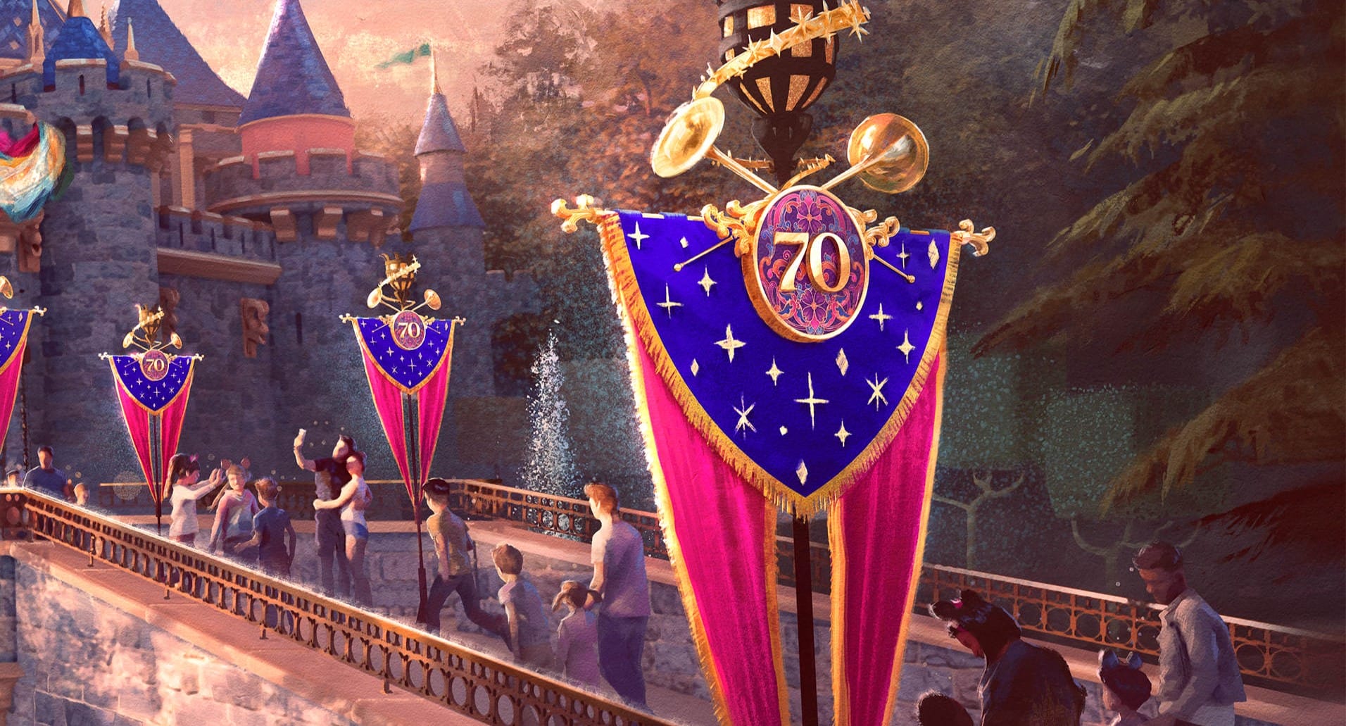 Festive scene at a theme park with a castle, colorful banners displaying "70" with trumpets, and people walking along a bridge.