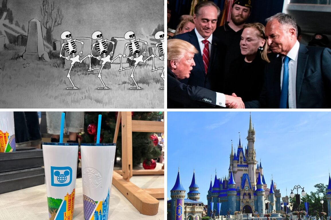 Four images in a daily recap: animated skeletons, a handshake among several people, two Disney-themed cups with straws, and the iconic Disney castle adorned with blue turrets in the daylight.
