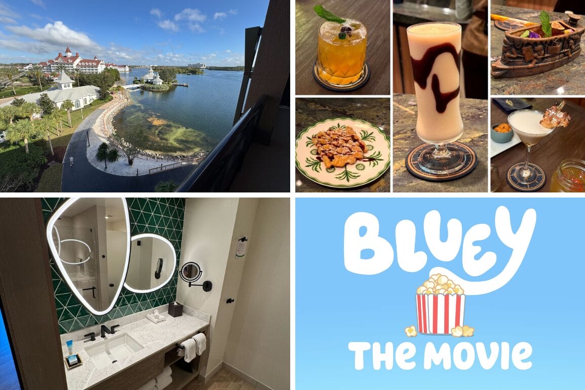 A collage capturing a scenic resort view, with various drinks and appetizers, a bathroom adorned with a mirror, and a "Bluey The Movie" poster—all serving as the perfect daily recap of your vibrant getaway.