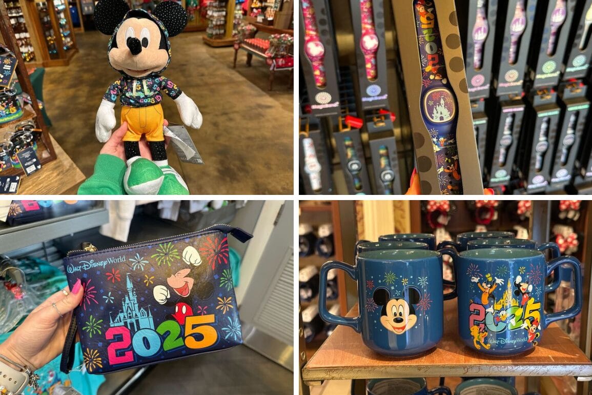 A vibrant collage of Disney World merchandise showcases a Mickey Mouse plush, Passholder Hat, decorative watch, colorful pouch, and mugs—all adorned with "2025" and enchanting Disney-themed designs in a bustling retail store setting.