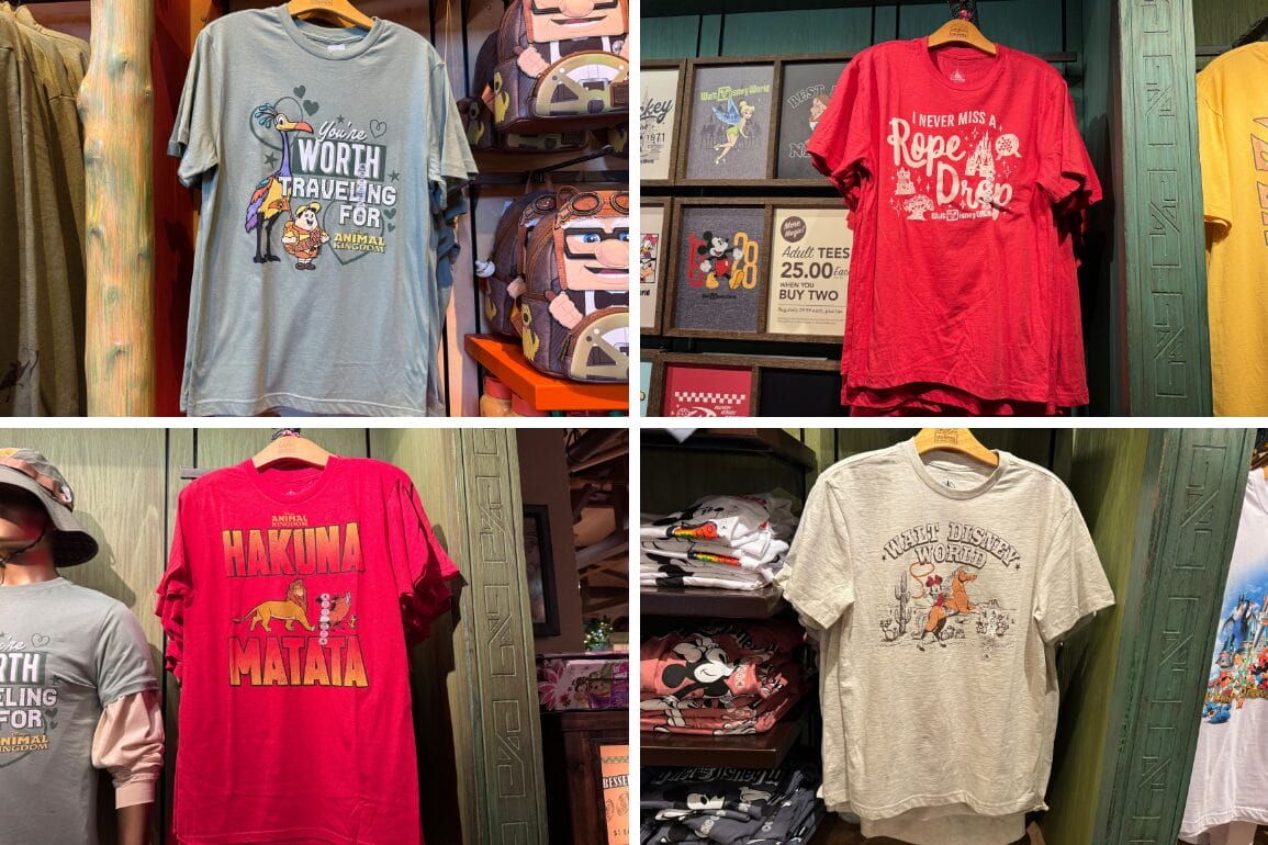 Collage of four Disney-themed T-shirts displayed in a store. Designs feature phrases like "Worth Traveling For," "Hakuna Matata," and vintage characters. T-shirts in various colors.