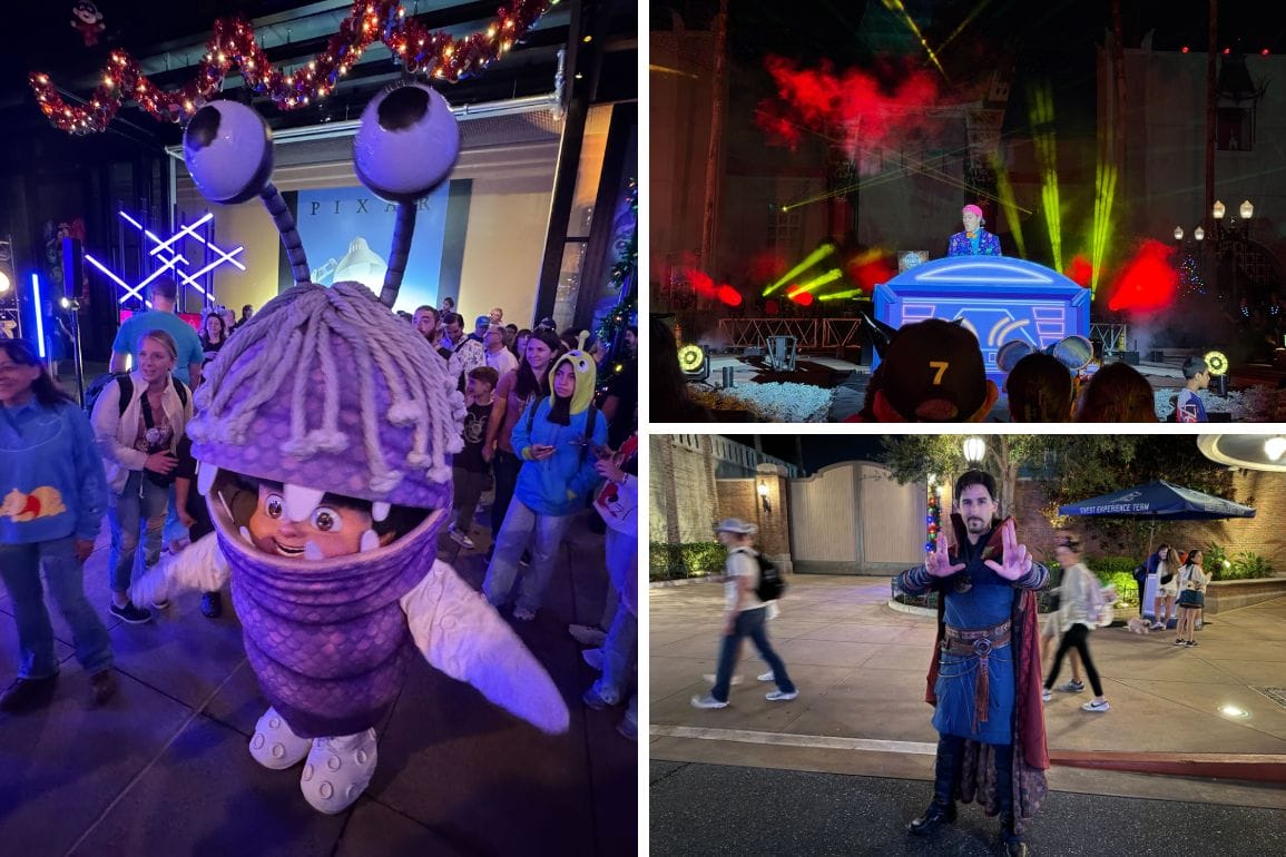 A costumed character delighting visitors in Disney's Hollywood Studios mingles with fans as a DJ electrifies the scene with dynamic lights, while nearby, a person in a blue and red costume strikes a pose amidst the enchanting backdrop.