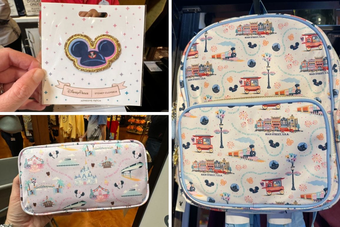 Disney-themed merchandise, featuring a patch with Mickey ears and bags displaying Disney park motifs, including streetcars and castles.