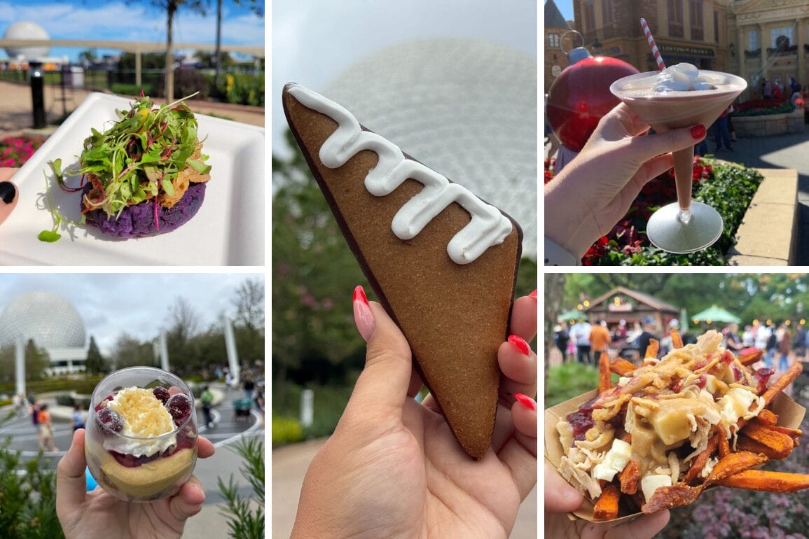 At the EPCOT International Festival of the Holidays, a vibrant collage features a purple dish, a triangular pastry, a martini glass with dessert, a layered parfait, and fries topped with various ingredients.