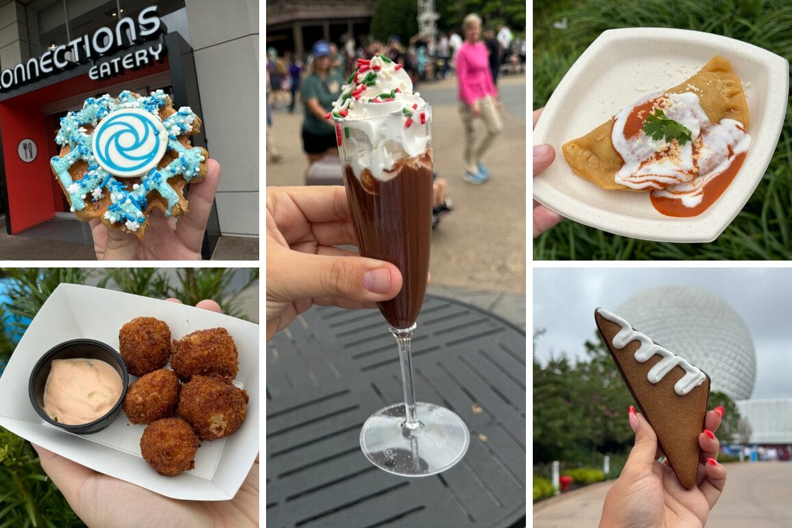 A collage of food at a theme park: waffle, churro bites with dip, chocolate drink, empanada with sauce and cream, and a cookie—all with a view of EPCOT International Festival of the Holidays' large spherical building in the background.