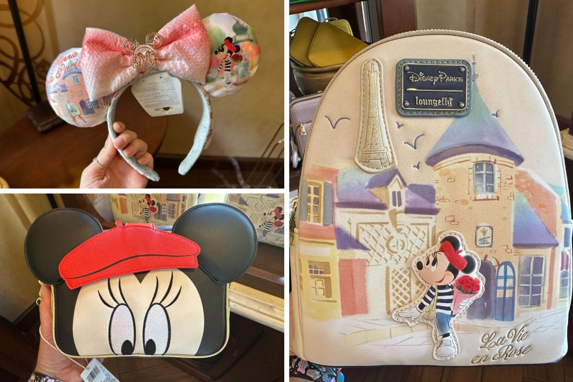 Collage of Disney-themed merchandise: Mademoiselle Minnie Mouse ears with bow, a Minnie Mouse face purse with red hat, and a backpack featuring Minnie in a Parisian scene at the EPCOT France Pavilion.