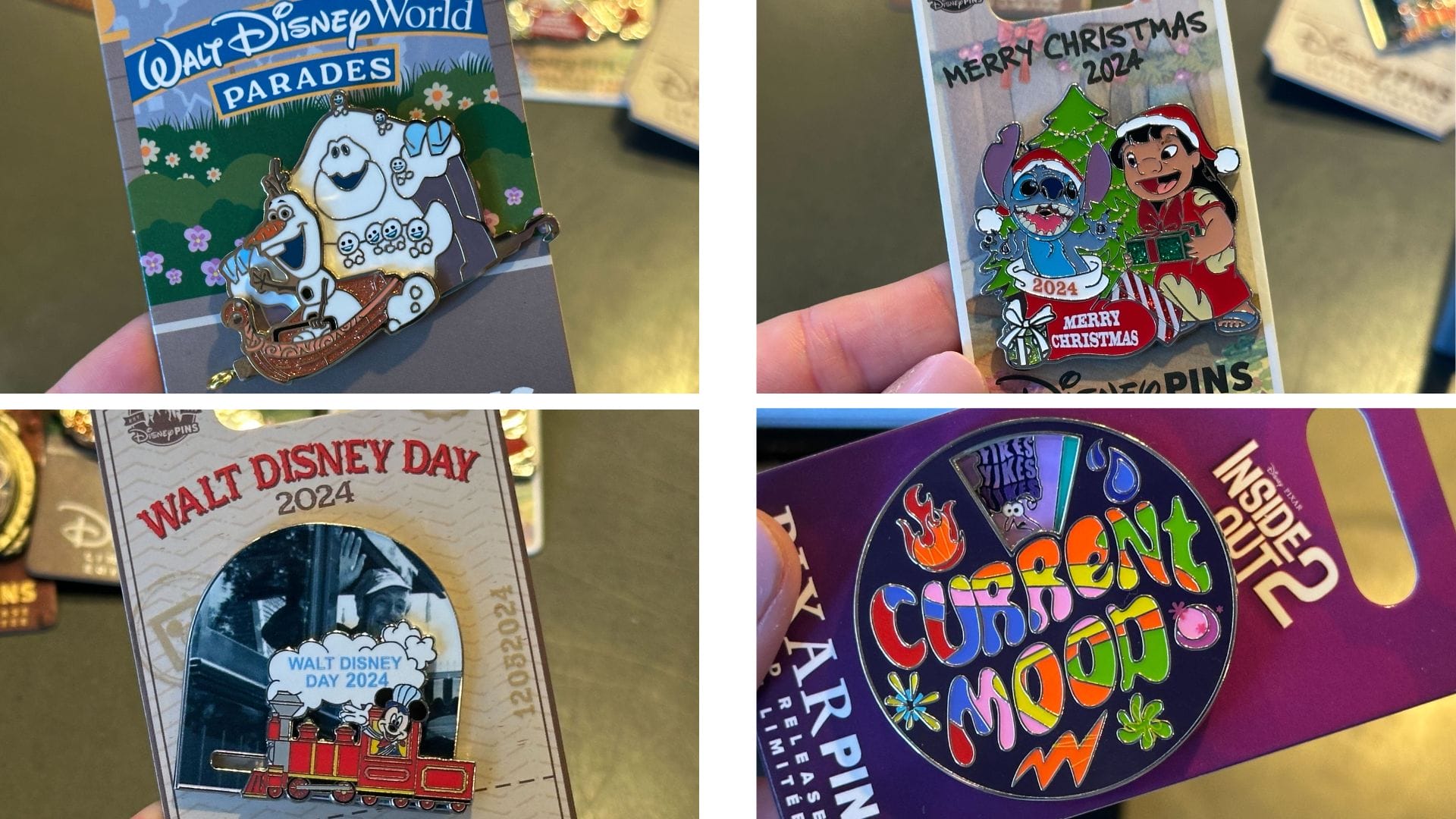 Close-up of four Disney trading pins. Each pin features different themes: Walt Disney World parades, Christmas with characters, Walt Disney Day 2024, and a colorful "Current Mood" design.