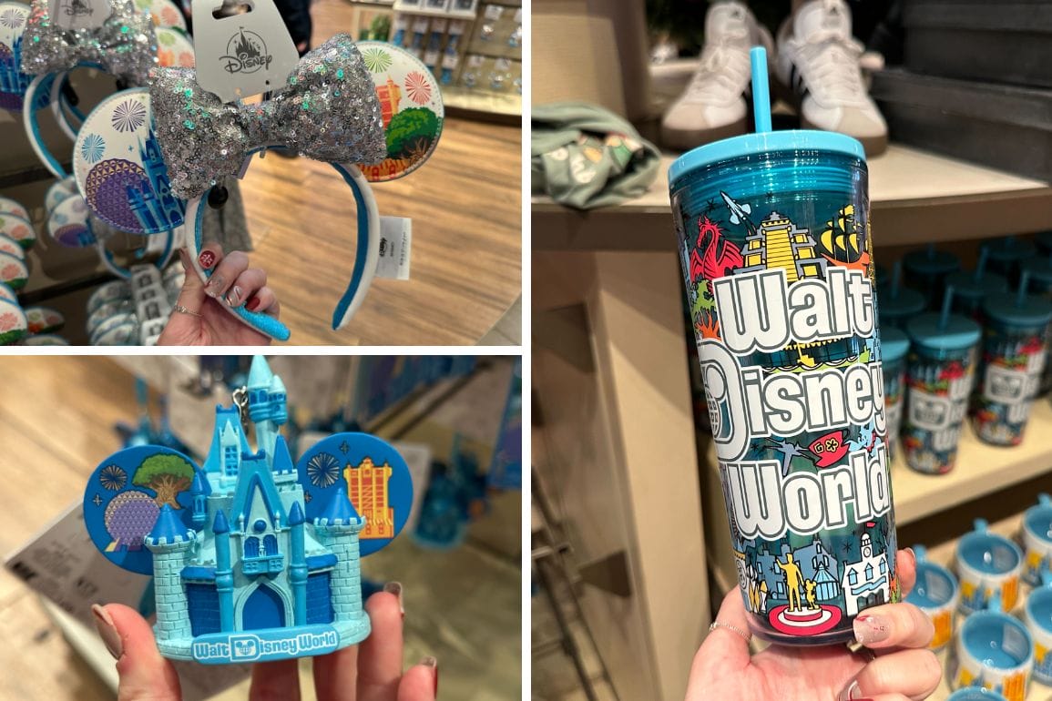 Collage of Disney merchandise: mouse ears with castle design, a blue castle ornament, and a blue cup with "Walt Disney World" text and park icons.