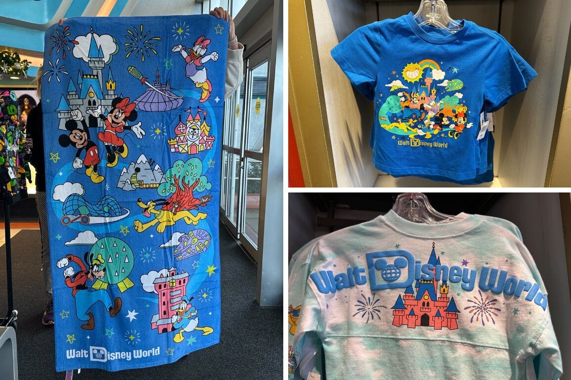 Colorful Disney-themed merchandise perfect for a day of play in the park, featuring a towel with beloved characters and attractions, a blue t-shirt with Mickey and friends, and a mint green sweatshirt showcasing the iconic Walt Disney World logo.