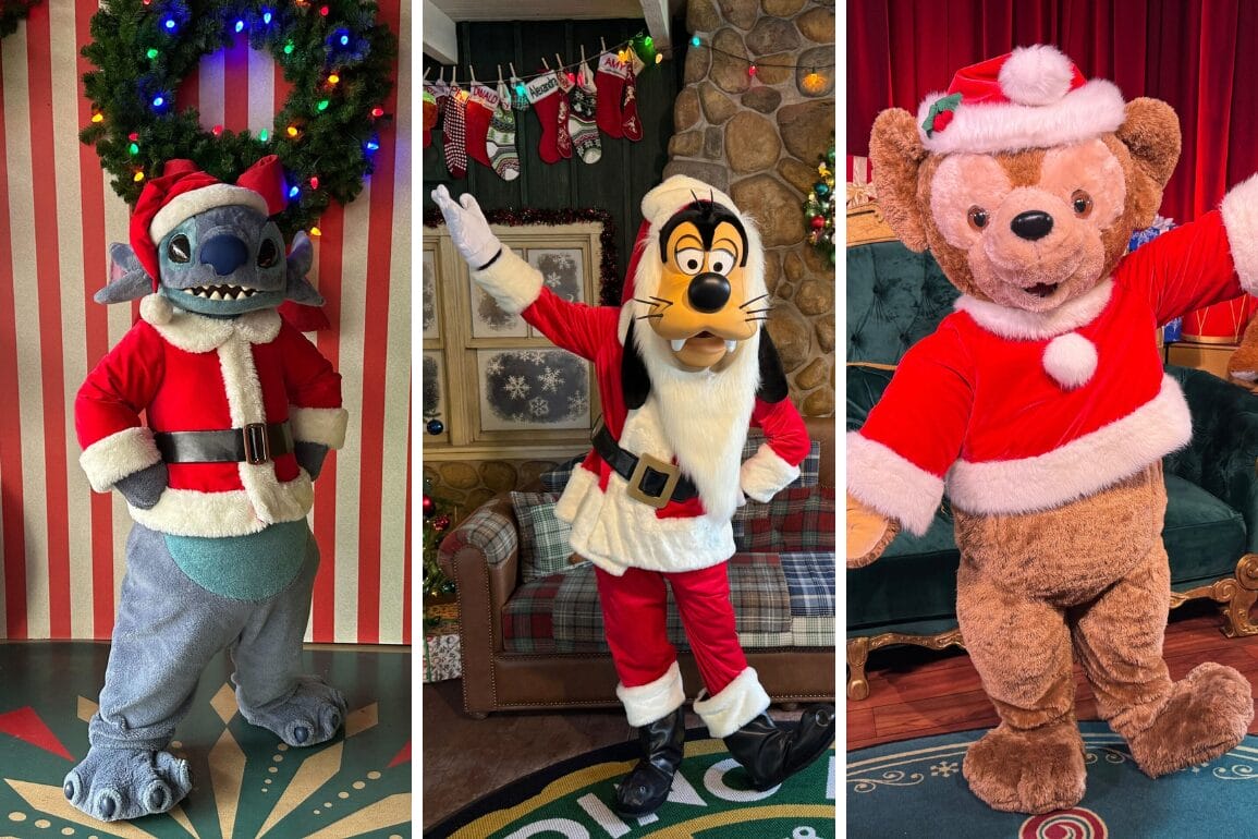 Three costumed characters dressed in Santa outfits stand in festive settings: a Santa Stitch, a tall Goofy-like character, and a brown Duffy teddy bear character.