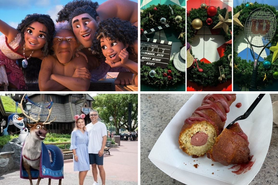 Collage: Animated family smiling, holiday wreath display, couple posing with cartoon characters Olaf and Sven, and corn dog with sauce on a plate—perfect for a daily recap of whimsical memories.