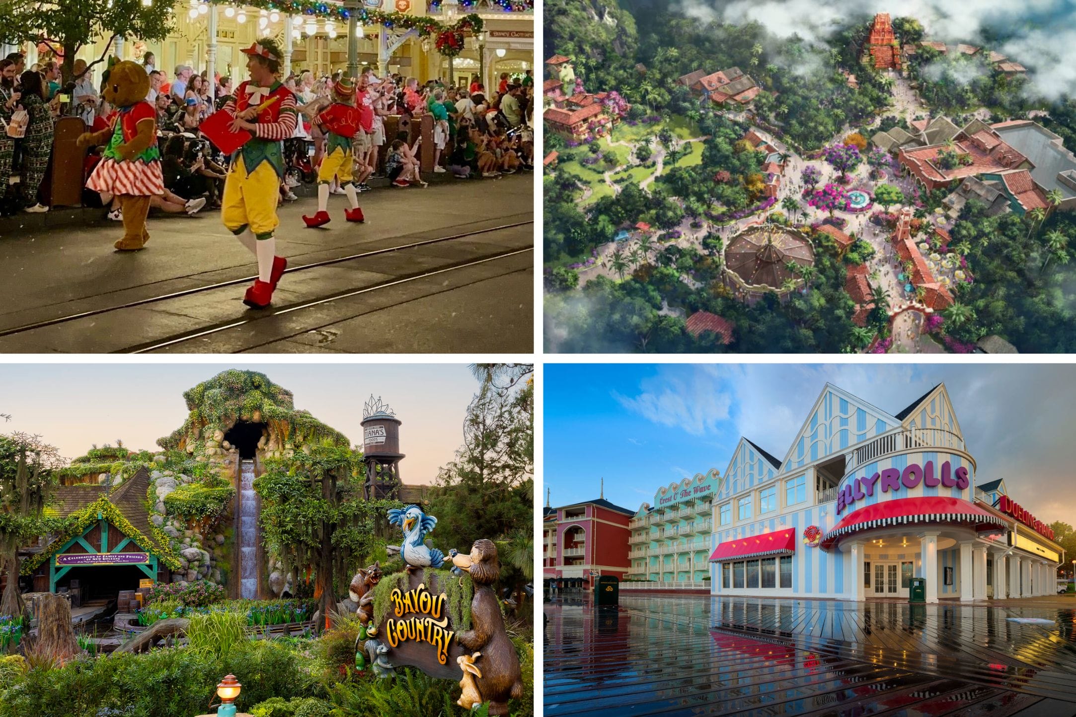 Experience the daily recap of a lively parade with vibrant characters, gaze at an aerial view of the theme park, delight in an attraction featuring a bear, and discover the charming building adorned with a 'Jellyrolls' sign.