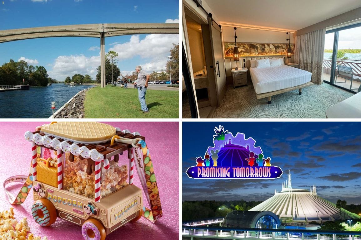 Collage of four images: a man near a canal with a monorail, capturing the essence of a daily recap; a modern hotel room; a charming popcorn cart model; and a building illuminated at night with a "Promising Tomorrows" sign above it.