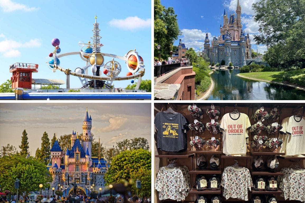 A daily recap collage features a futuristic ride, a castle by a moat, another castle bustling with people, and a store display showcasing themed merchandise.