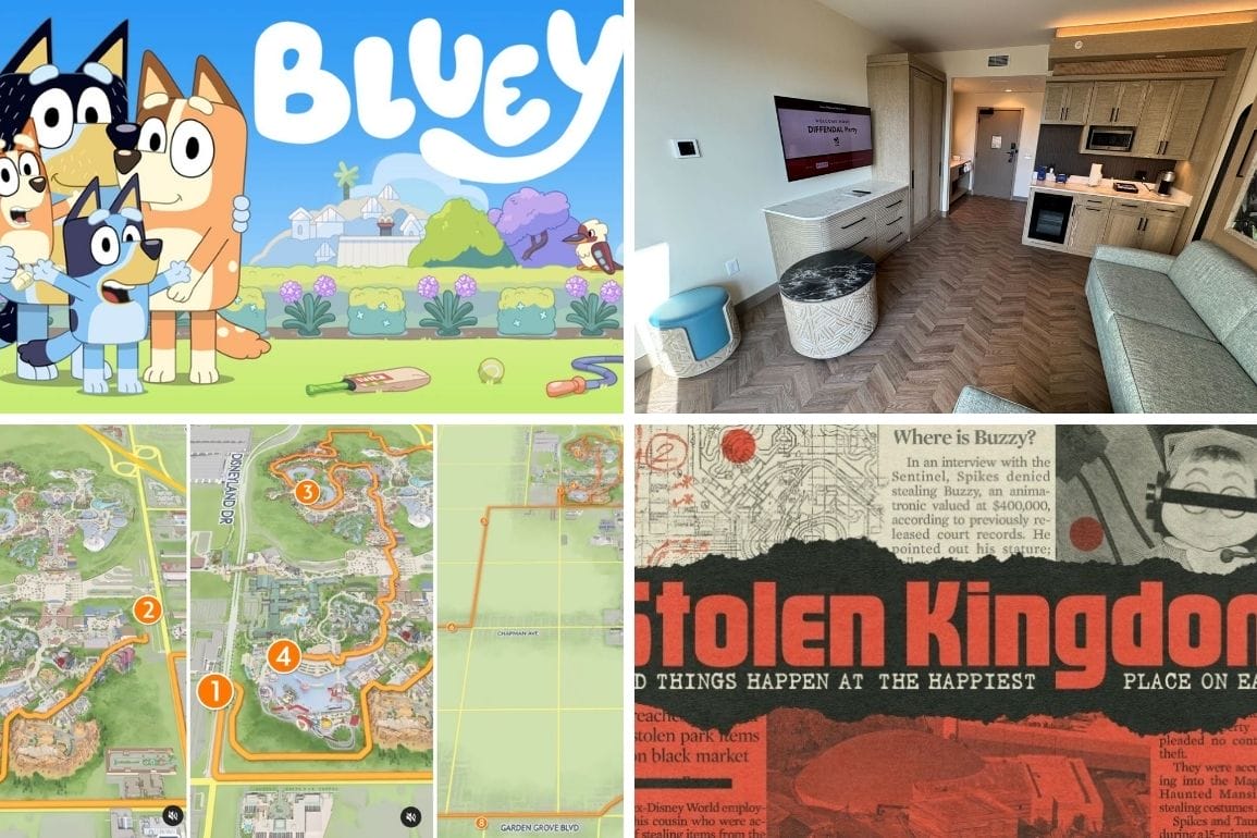 Collage with Bluey promo art, a hotel room, a theme park map with numbers, and a "Stolen Kingdoms" book cover, offering a vivid daily recap of adventure and stories.