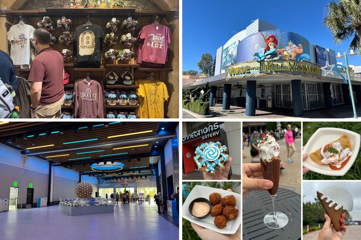 A collage captures the daily recap with merchandise in a store, an exterior theater mural, a modern eatery, and an array of food items including desserts and snacks.