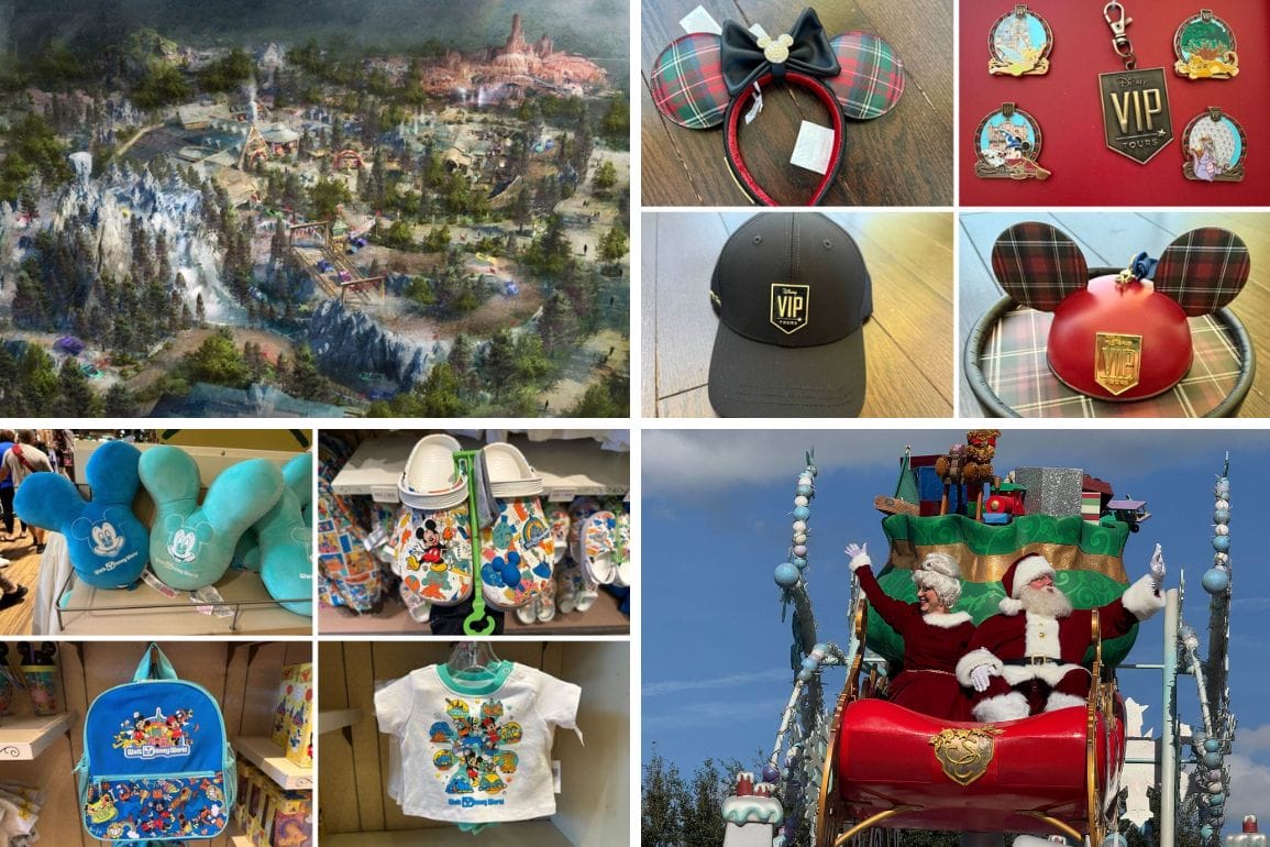 Collage of theme park memorabilia: aerial map, plaid mouse ears, VIP badges, Mickey caps, blue plush gloves, colorful apparel, and a festive parade float with Santa and elves—a daily recap of magical adventures captured in cherished keepsakes.