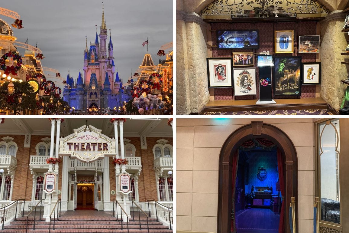 Collage of four Disney theme park scenes captures the magic of a daily recap, featuring a majestic castle, an inviting theater entrance, an arcade room bustling with excitement, and a themed room bathed in serene blue lighting.
