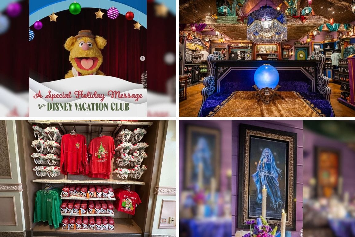 Collage of four images: a puppet on a Disney vacation message, a mystical-themed room with a crystal ball, daily recap of holiday apparel, and spooky-themed framed artwork.