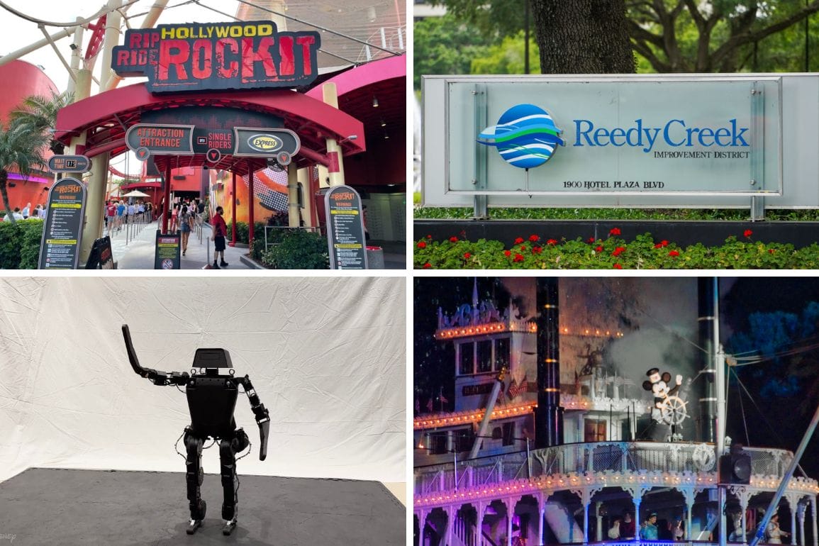 Collage of four images: roller coaster entrance, Reedy Creek District sign, humanoid robot waving, and nighttime scene with a steamboat. This vibrant daily recap captures the essence of adventure and innovation intertwined with serene nightscapes.
