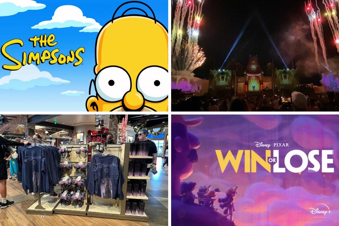 Collage of four images for a vibrant daily recap: "The Simpsons" logo, fireworks illuminating a castle, a shop display showcasing sweatshirts, and the Disney Pixar "Win or Lose" logo.