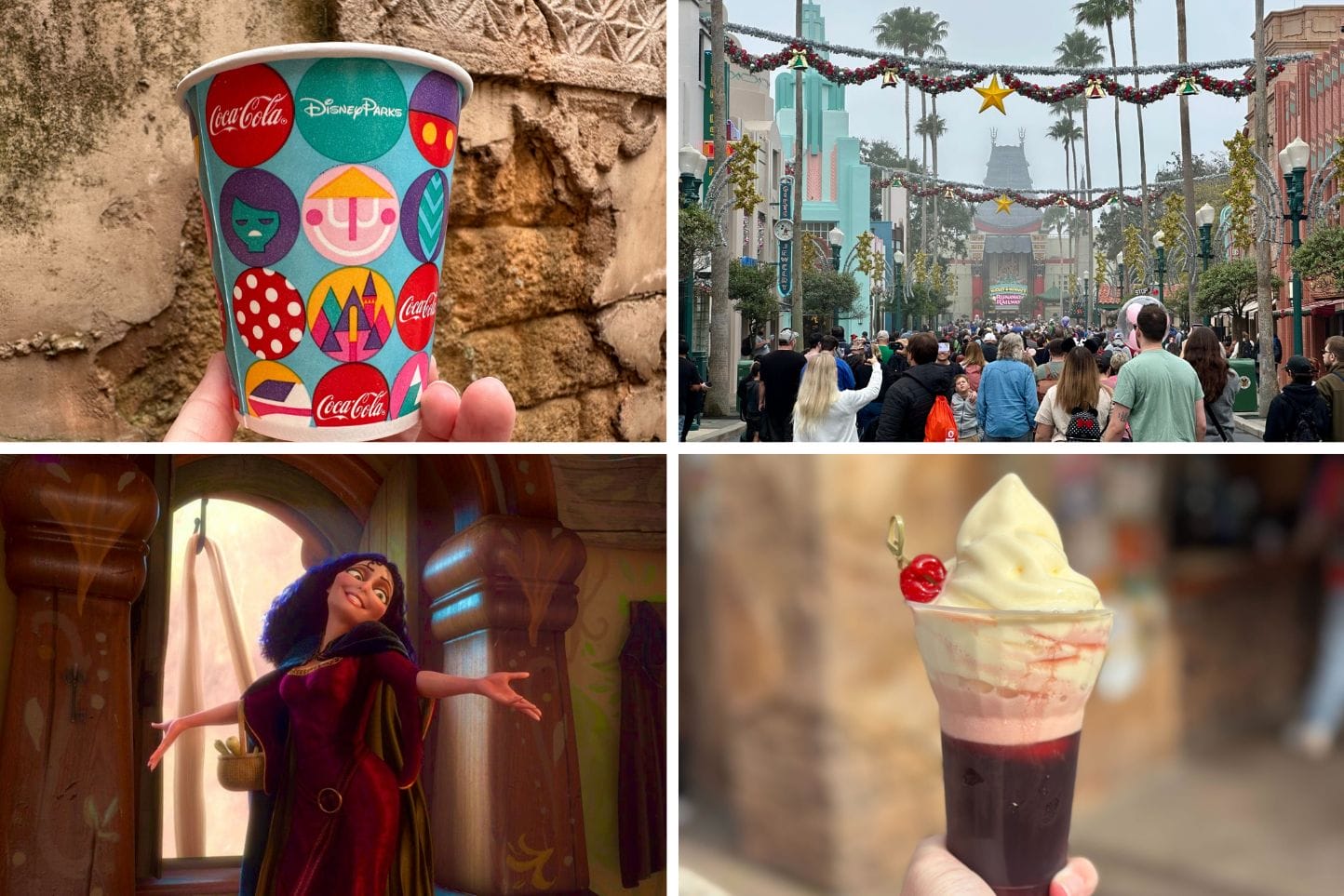 Collage of four images capturing a daily recap: a Coke cup, a bustling street adorned with decorations, an animated character smiling, and a hand holding a topped beverage.