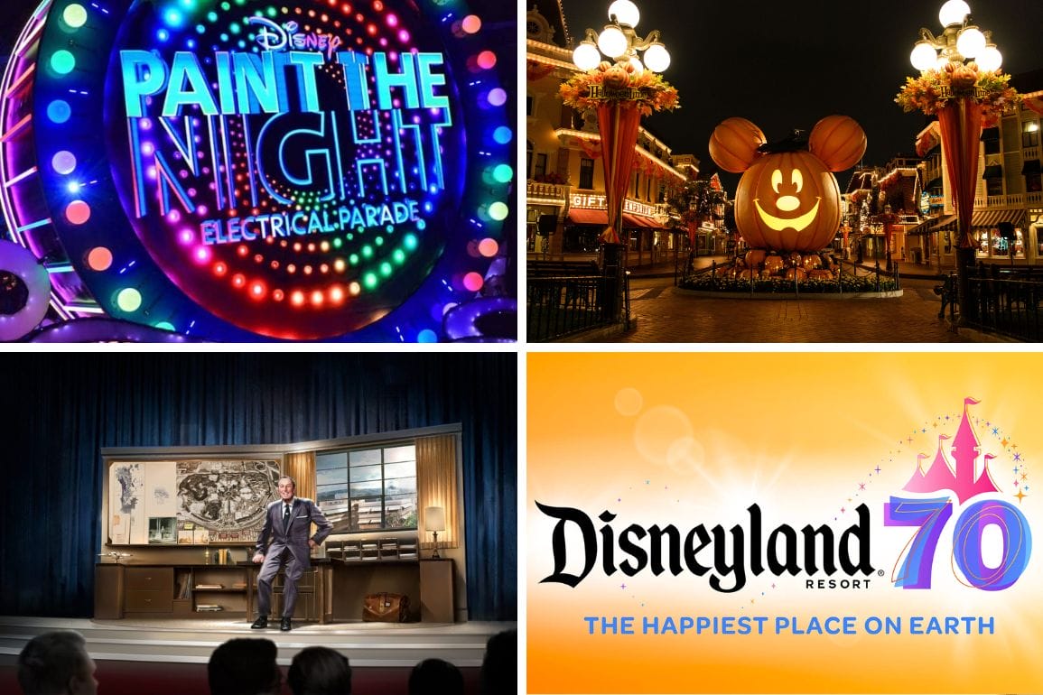 Four images capturing the magic: a "Paint the Night" sign, Main Street adorned with a pumpkin Mickey decoration under the night sky, a Disneyland attraction with an enthusiastic host, and a "Disneyland 70: The Happiest Place on Earth" logo—a perfect daily recap of enchantment.