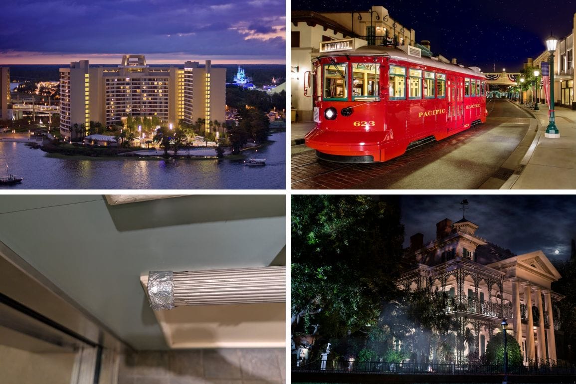 A collage captures a daily recap in four images: a hotel by water at dusk, a red trolley gliding down a street at night, an intricate close-up of a building's ductwork, and a dimly lit mansion standing silently against the night.