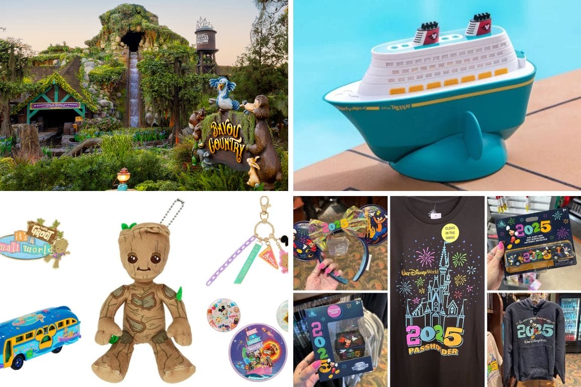 Collage of theme park imagery: Splash Mountain entrance, cruise ship toy, Groot plush with accessories, and themed merchandise like T-shirts and pins for 2025 create a daily recap of magical moments.