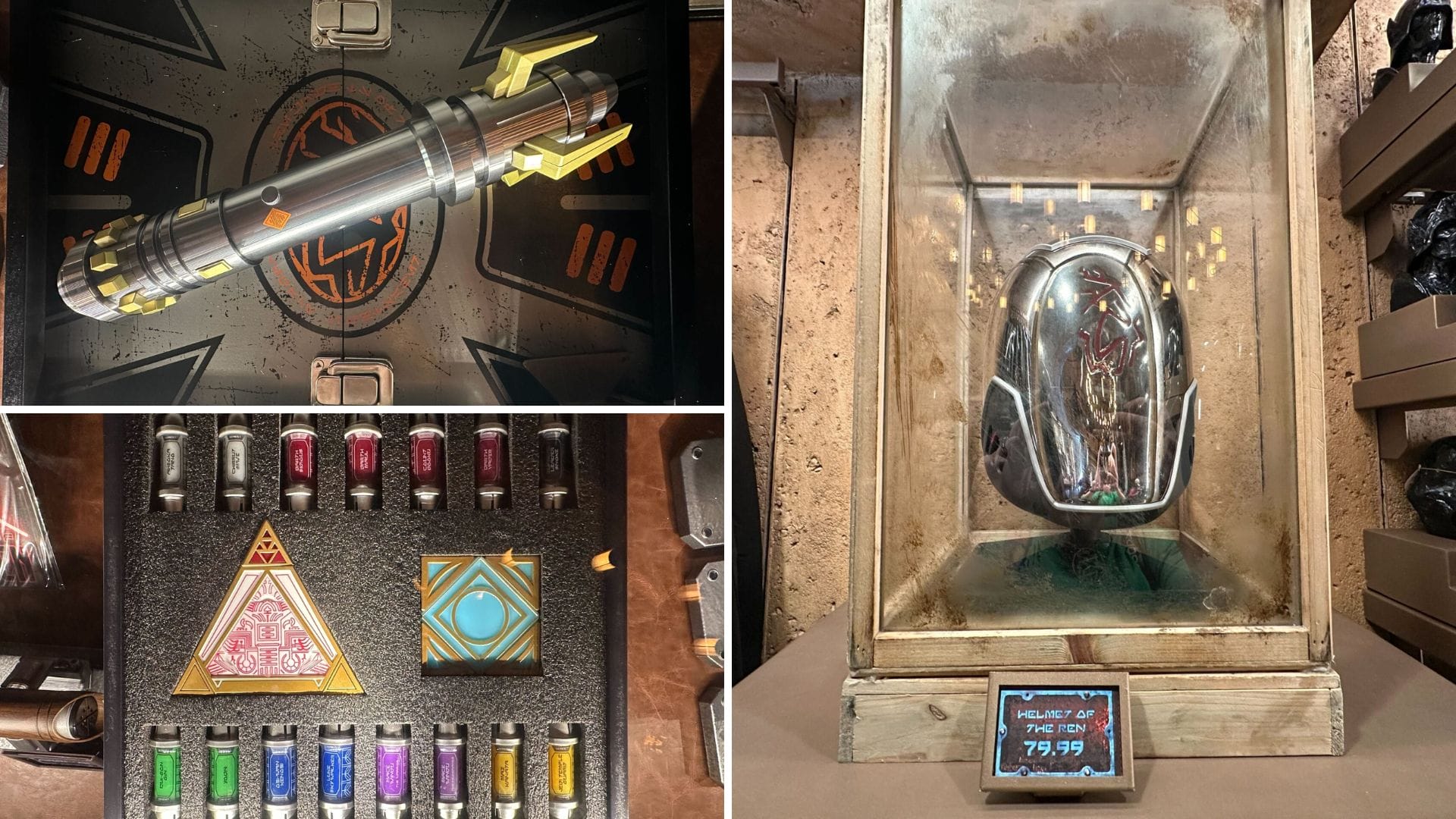 Collage of three images: a silver and gold lightsaber hilt, a display of colored kyber crystals and items revealing the secrets of the holocron, and a metal helmet in a glass case with a price tag of $79.99.