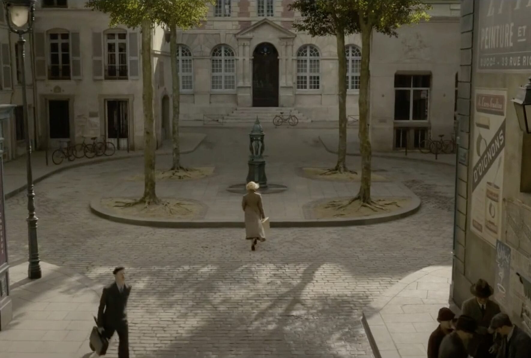 In an epic universe of history, the cobblestone square boasts a central fountain encircled by trees and timeless old buildings. A person strolls toward the fountain, while another lingers nearby. Bicycles rest against a wall, adding charm to this storied setting.