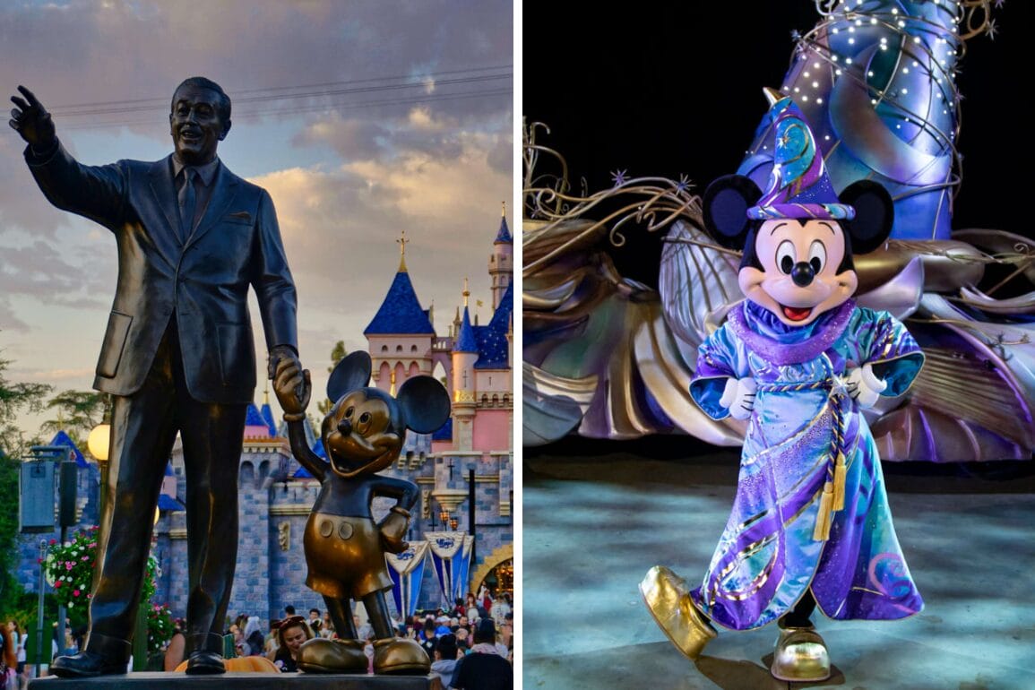 A statue of a man and a mouse stands on the left, while on the right, a costumed character dressed as a wizard mouse enchants passersby. Capture this magical scene in your daily recap.