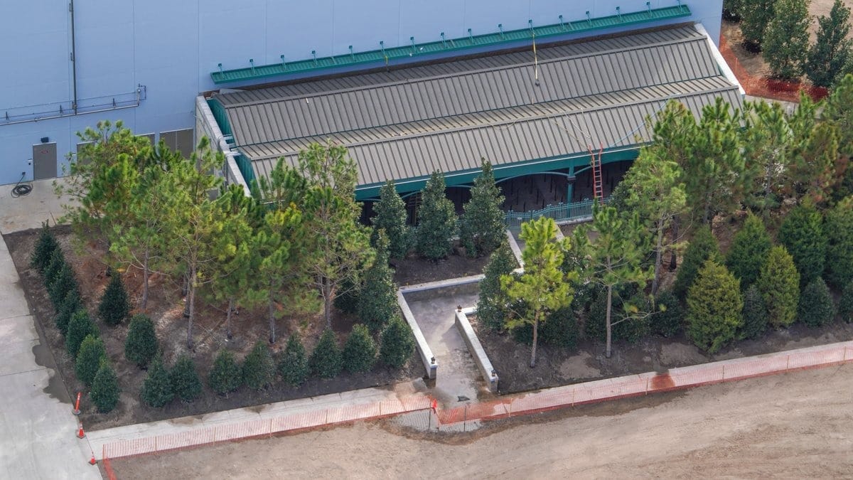 Aerial view of a green-roofed building surrounded by trees and a paved path. A ladder is leaning against the structure.