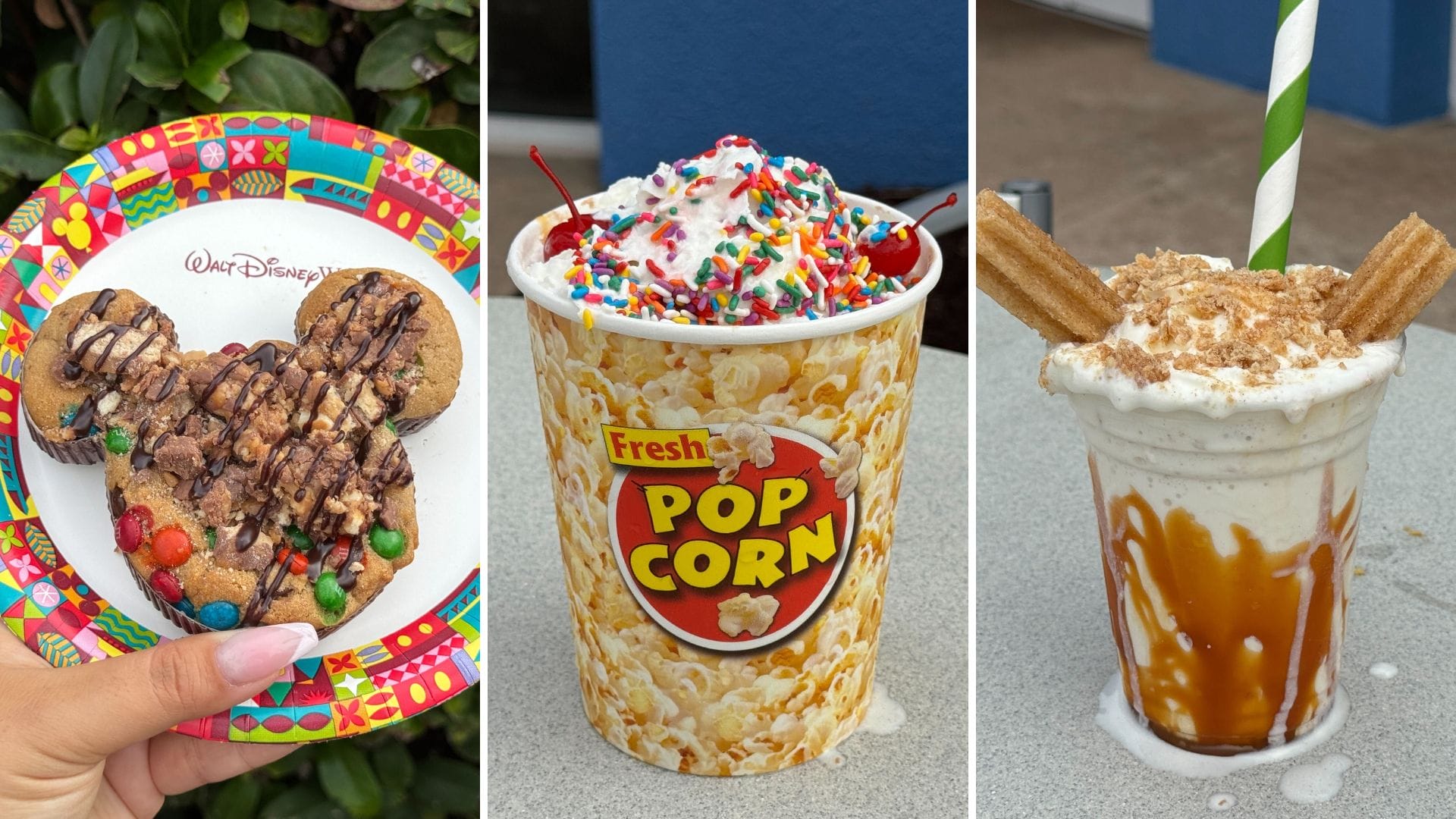 A Mickey-shaped cookie, a popcorn bucket with soft serve and sprinkles, and a caramel milkshake with churros and whipped cream are displayed on colorful backgrounds.