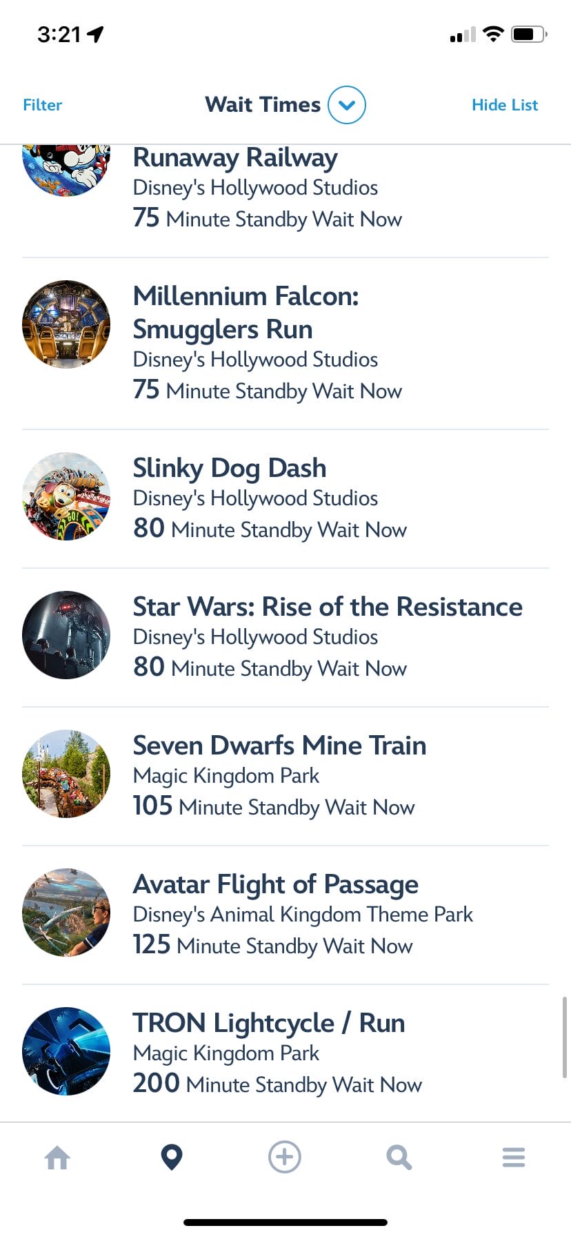 List of Disney ride wait times, including Runaway Railway (90 min), Millennium Falcon (70 min), Slinky Dog Dash (80 min), Star Wars: Rise (100 min), Seven Dwarfs (105 min), Avatar (125 min), TRON (200 min).