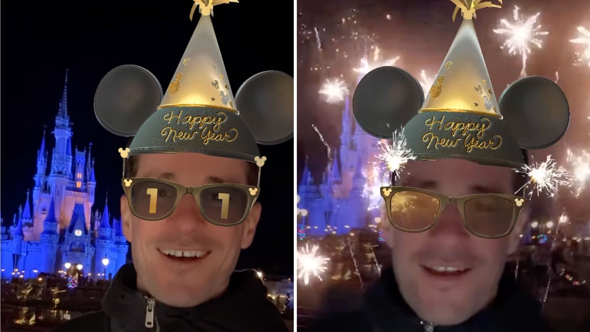 Two images of a person with a virtual New Year's hat and glasses, set against a backdrop of a lit-up castle and fireworks at night.