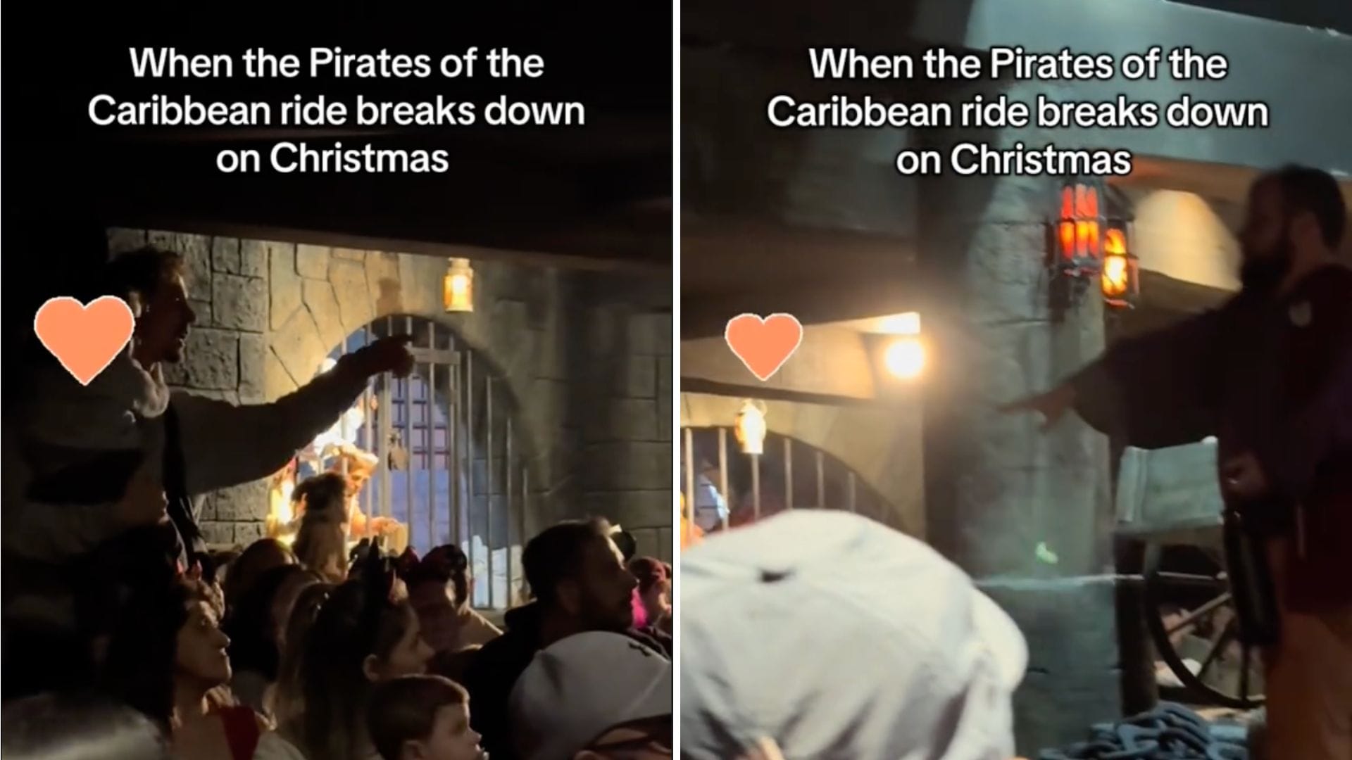 Left: a person standing in a boat with a child in their arms, pointing forward, several others sit in the boat around him. Right: A Cast Member in pirate garb holds a hand out towards the standing person. Text reads "When the Pirates of the Caribbean ride breaks down on Christmas."