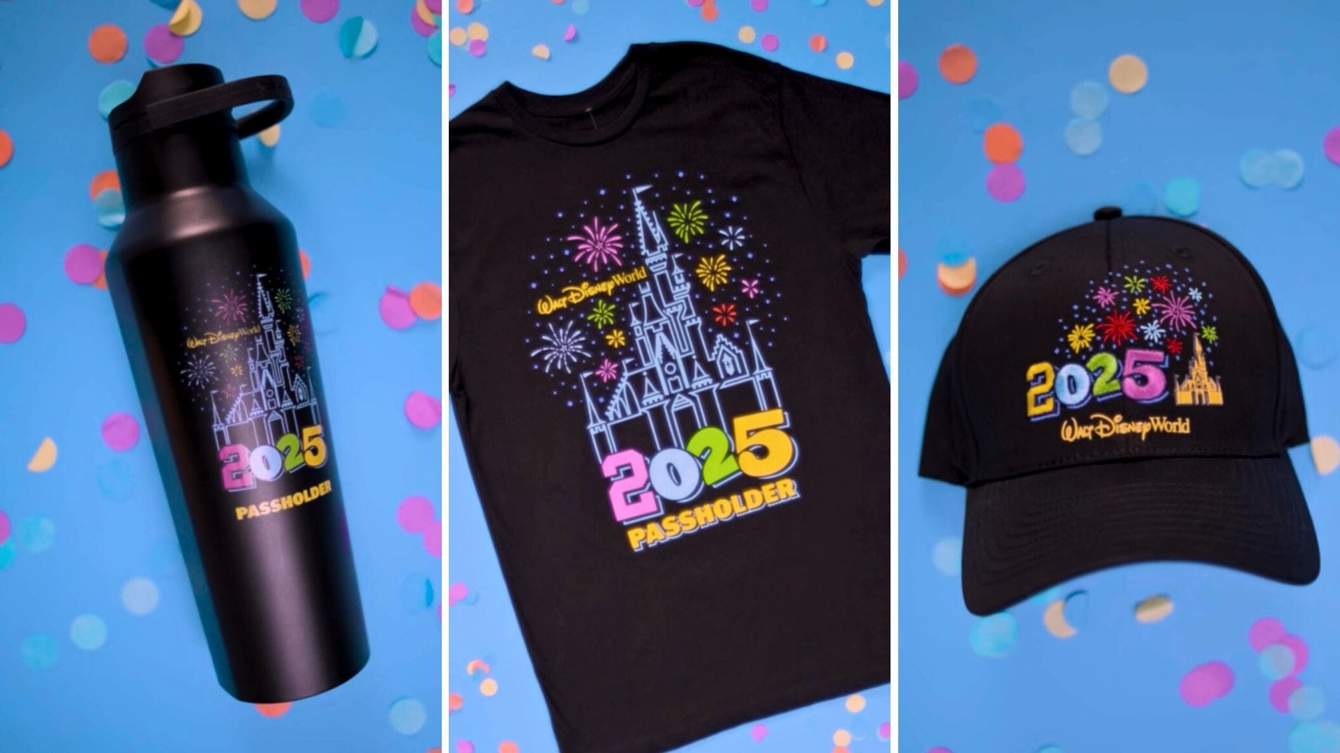 A 2025 Passholder merchandise set featuring a bottle, T-shirt, and hat with fireworks and a castle design.