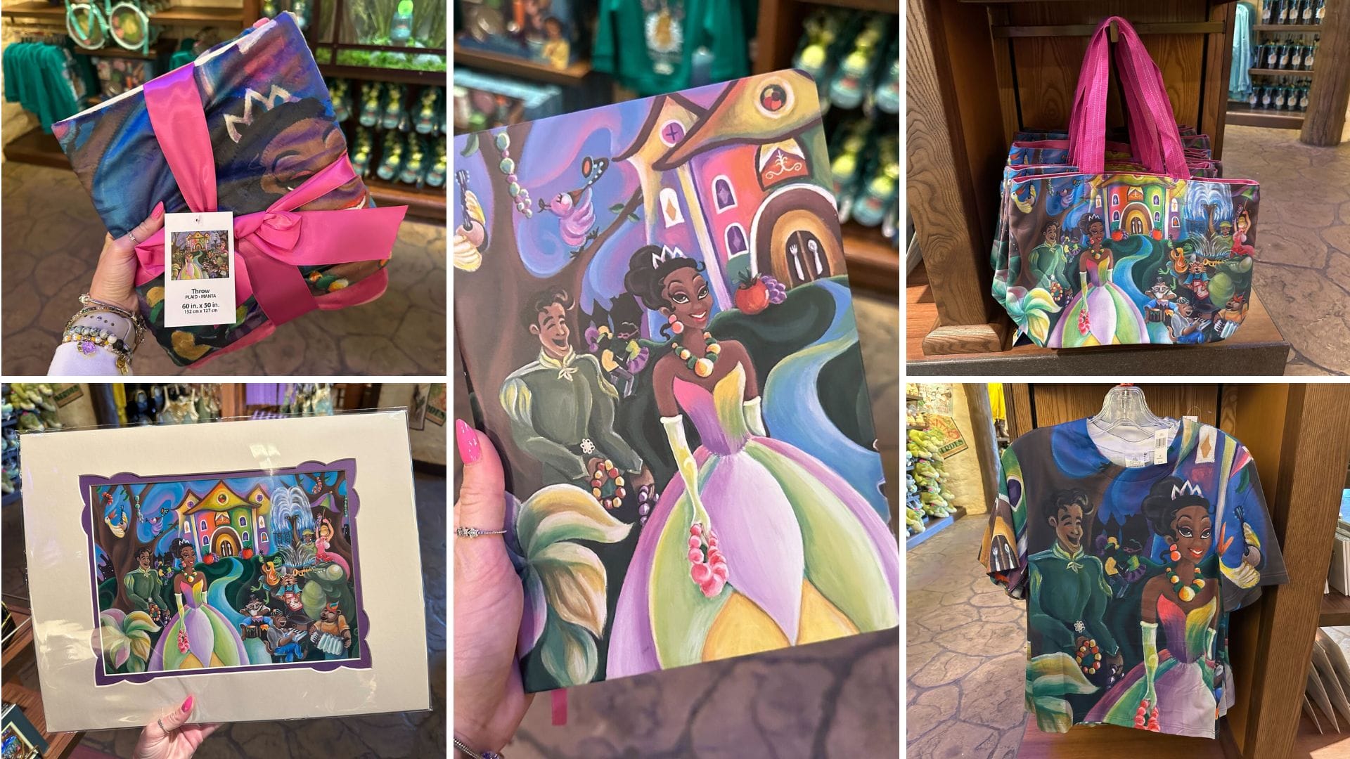 Colorful merchandise featuring a princess in a vibrant dress, inspired by Tiana's Bayou Adventure Merchandise, includes a notebook, bag, T-shirt, and framed print. Sharika Mahdi Art showcases these stunning pieces in a delightful store setting at Disney World.