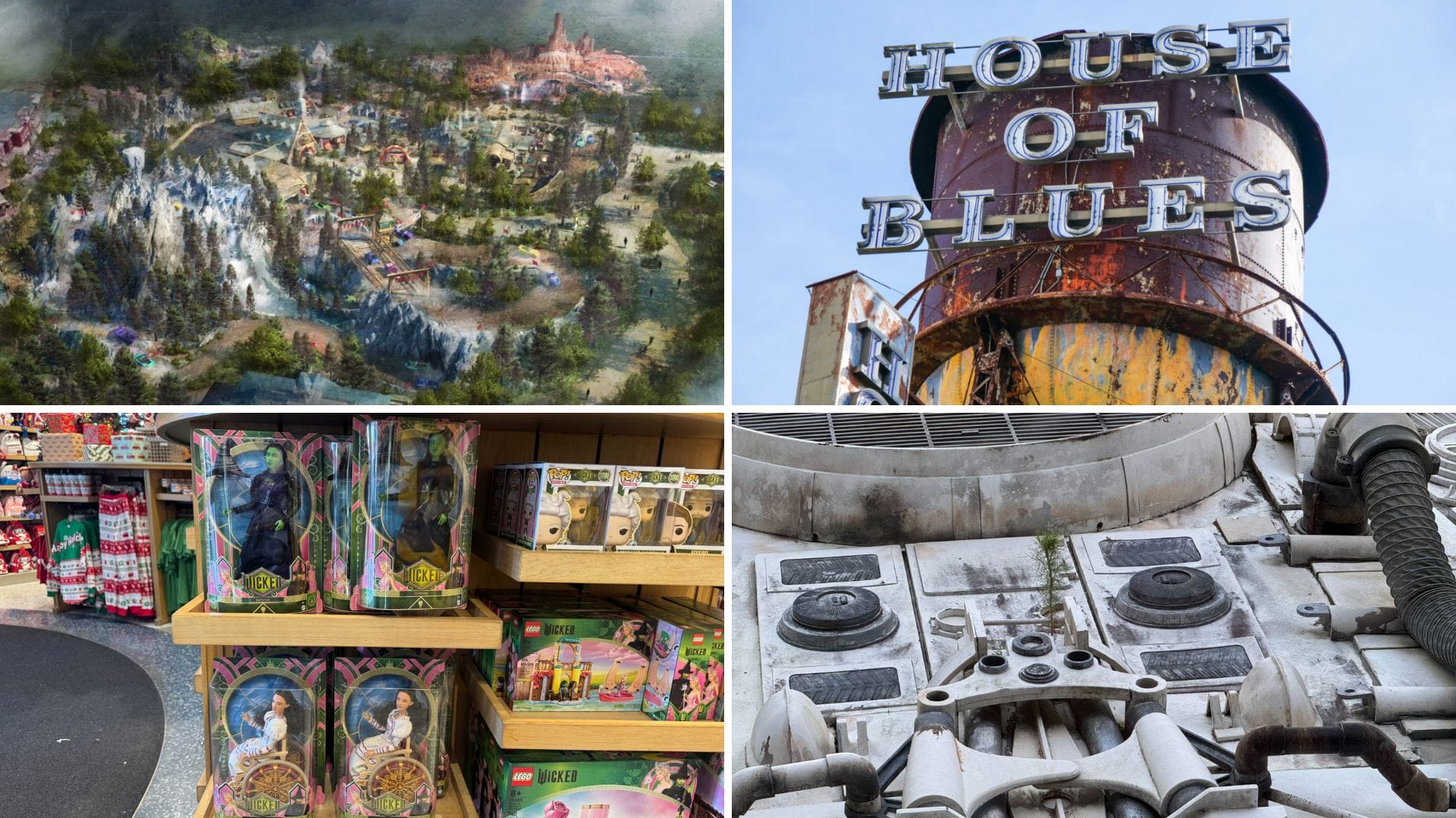Daily recap collage: Four images capture the essence of adventure—a theme park map, the iconic House of Blues sign, inviting dolls on store shelves, and a close-up of a captivating spacecraft model.