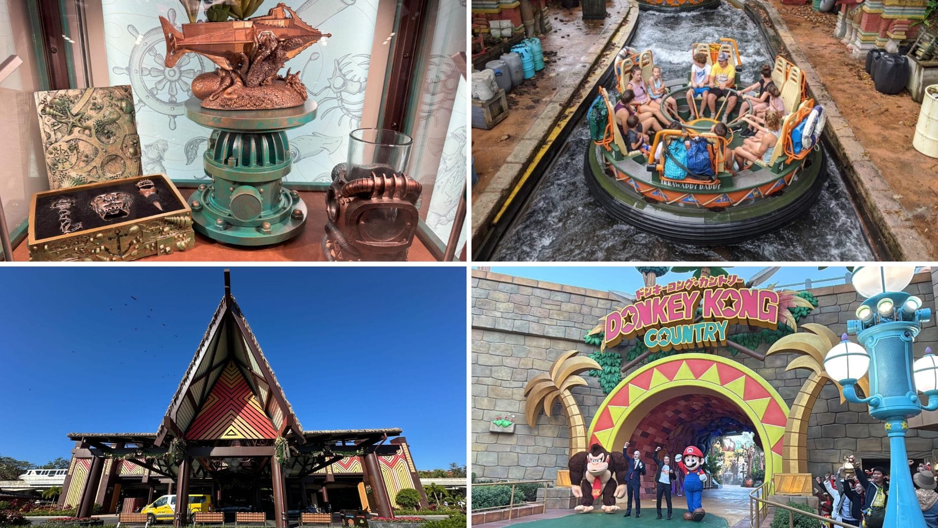 A collage of theme park images offers a vibrant daily recap: a bustling gift shop display, a thrilling water ride with excited visitors, an exotic tiki building, and the welcoming entrance to Donkey Kong Country featuring lively costumed characters.