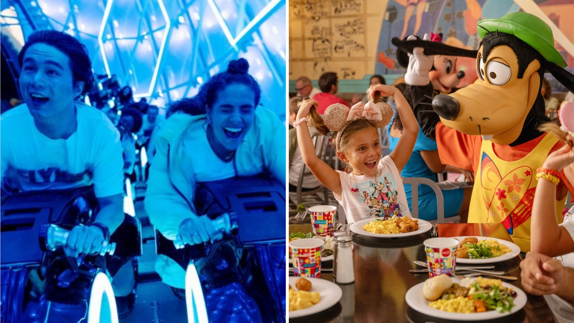 Two people enjoying a roller coaster ride on the left; meanwhile, on the right, a child shares a meal with an adult dressed as a dog character—a perfect snapshot for your daily recap.