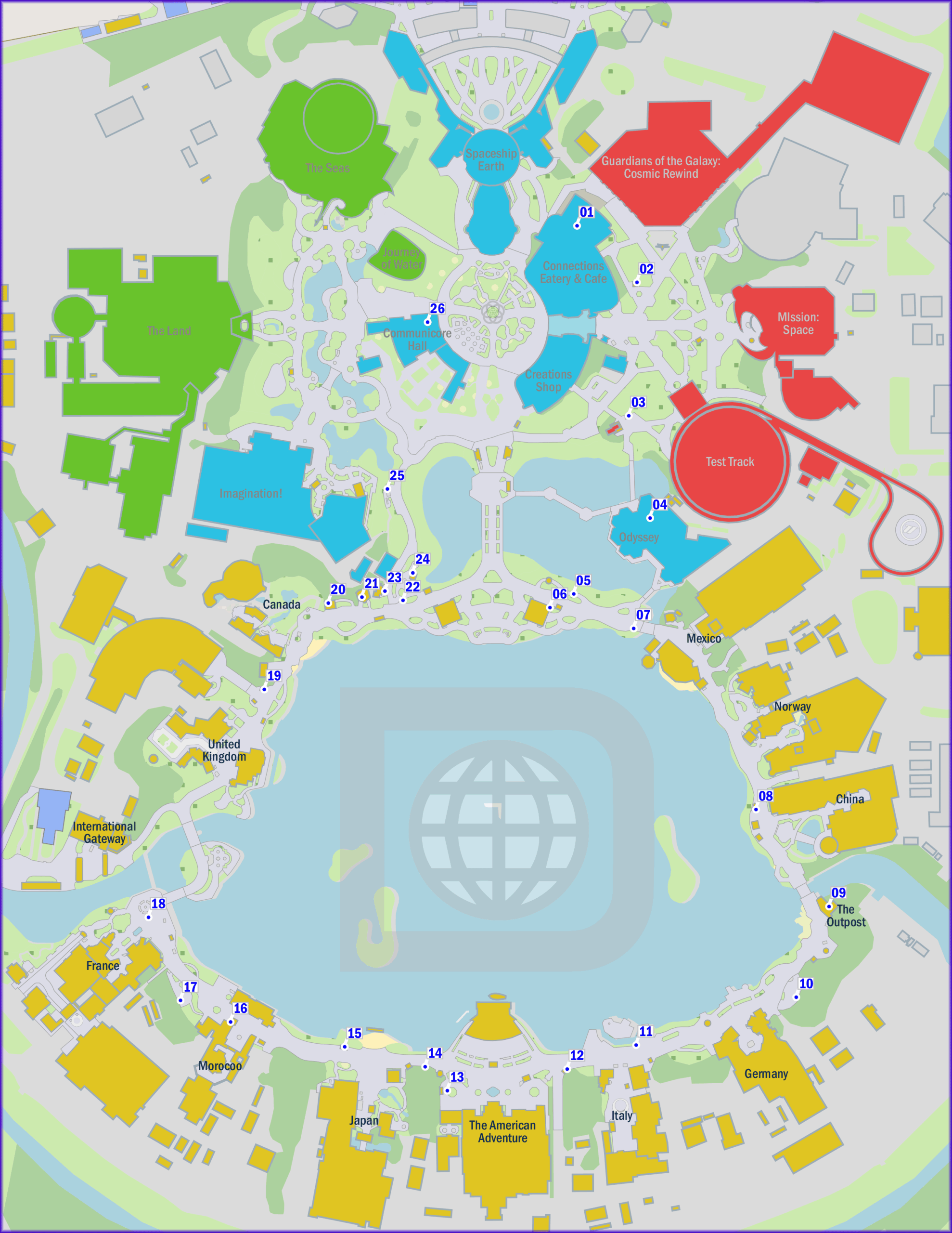 Map of Epcot at Disney World highlighting the Festival of the Arts, showcasing different countries and attractions around the World Showcase Lagoon, with pathways and numbered locations.