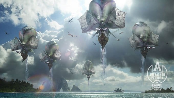 Floating alien creatures hover over a serene ocean, with dramatic clouds and distant islands in the background.