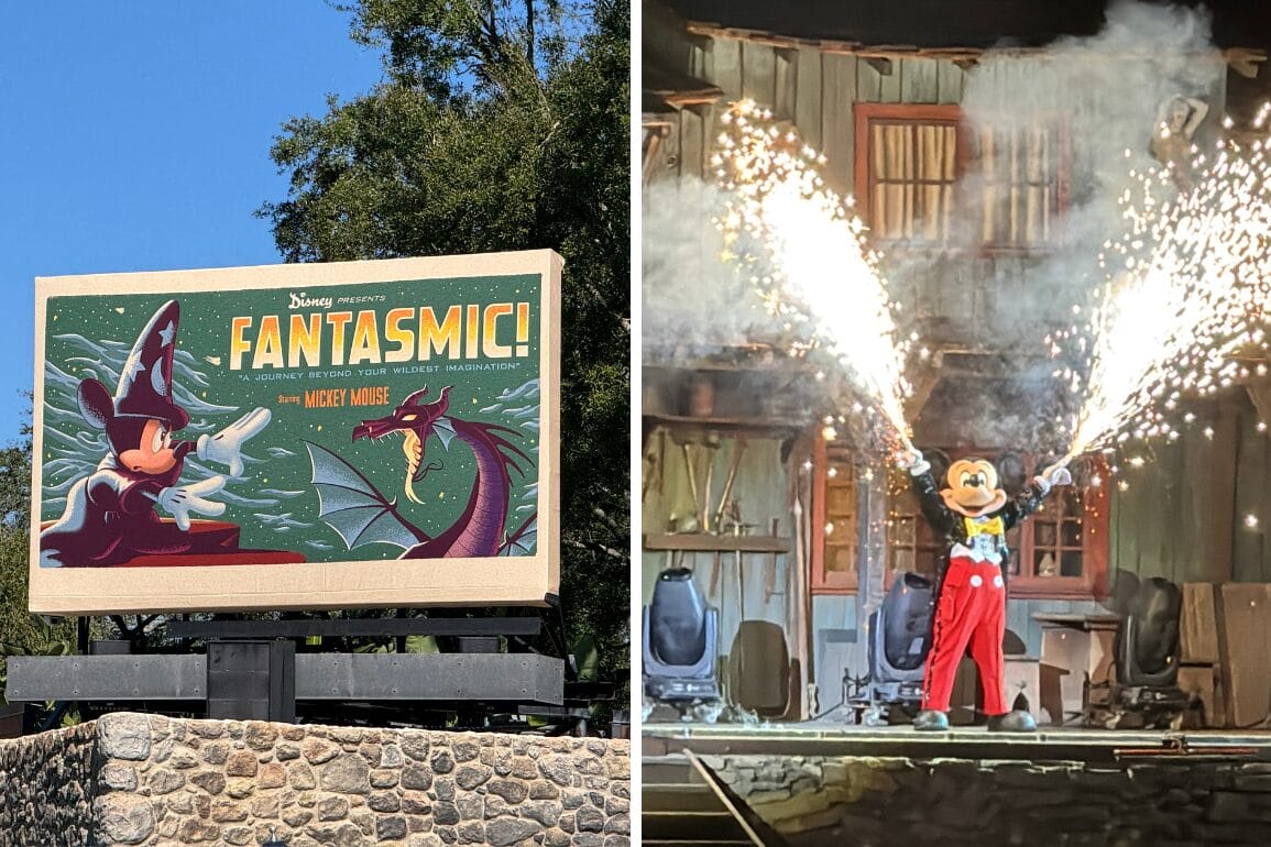 Split image: Left shows a "Fantasmic!" billboard featuring Sorcerer Mickey and a dragon; Right shows Mickey Mouse on stage with fireworks shooting from hands, in front of a rustic building, embodying the thrill of your Disneyland Trip.