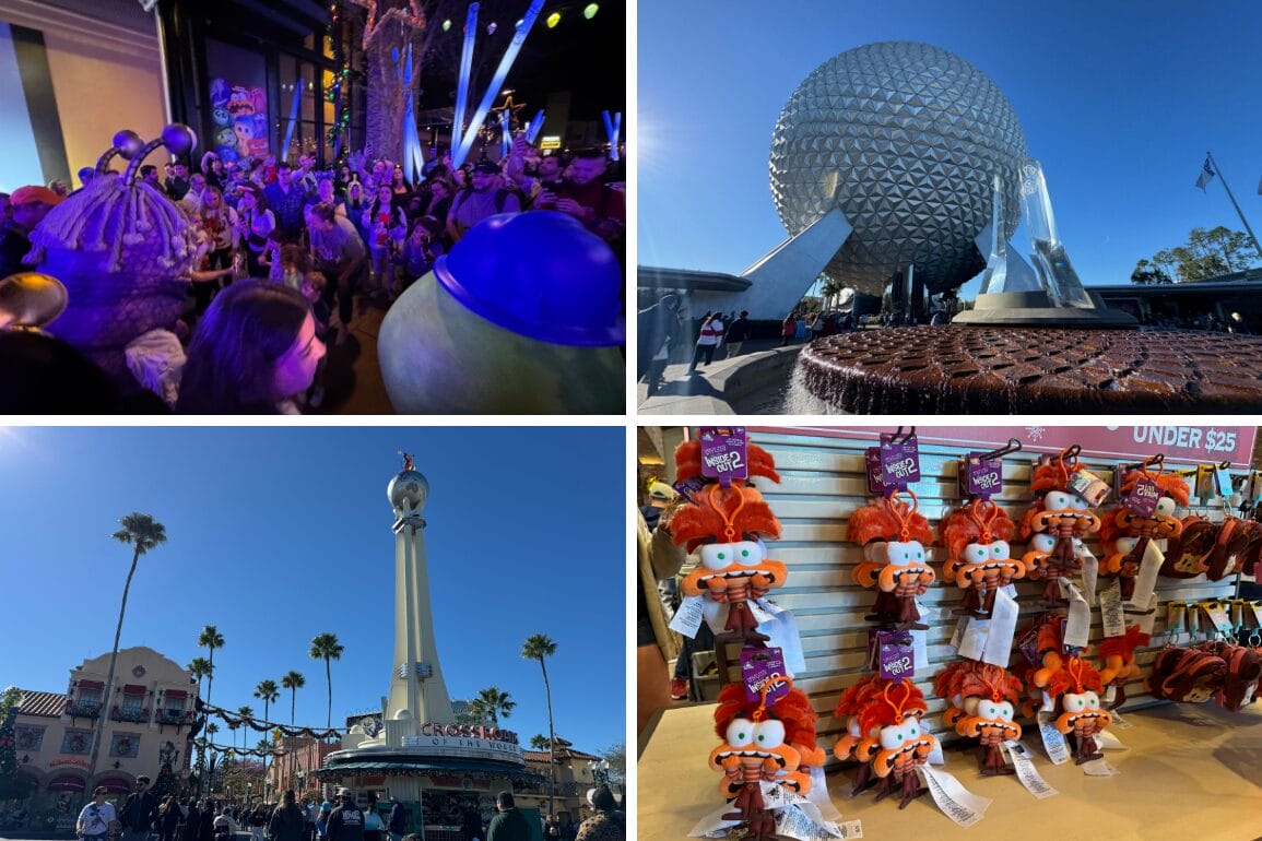 Collage of theme park scenes: crowd at night, geodesic sphere with fountain, iconic tower under blue sky, and crab plush toys on a wall display.