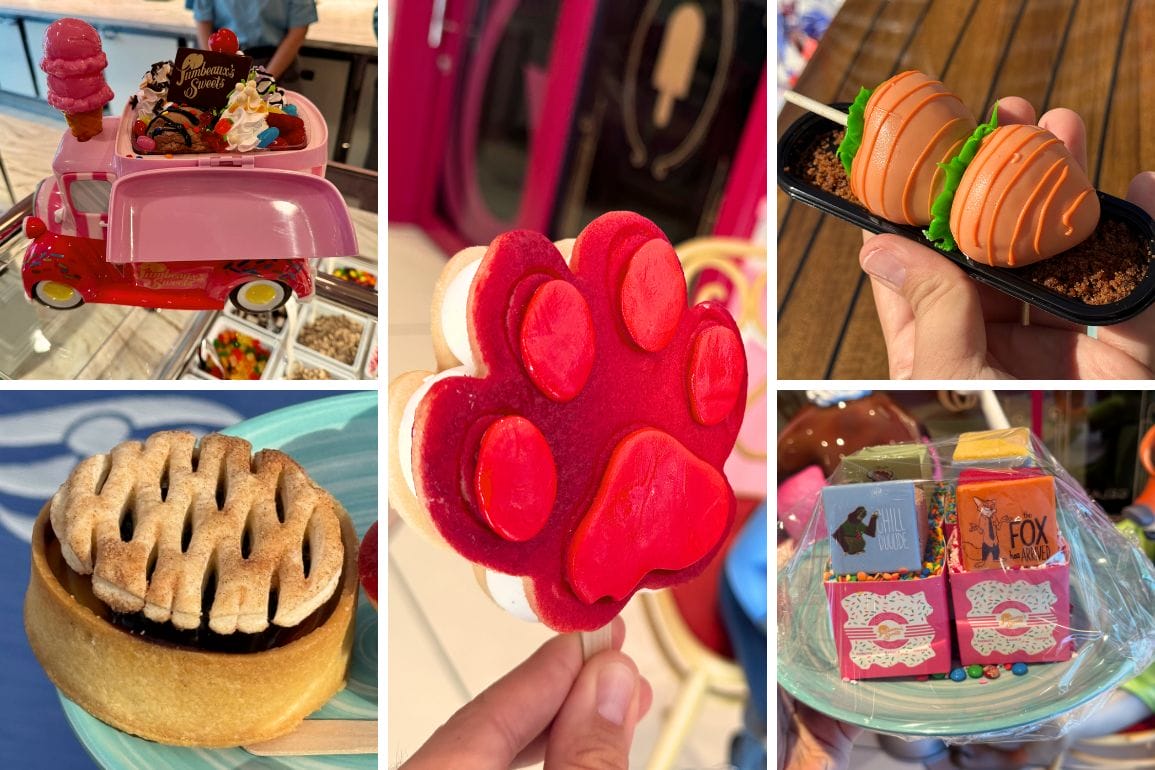 A delightful collage of desserts from Jumbeaux's Sweets: a pink toy car with ice cream, carrot-shaped treats, a paw-shaped cookie, a pie with a lattice crust, and packaged sweets with tea. This dreamy scene deserves a glowing review for its whimsical charm and delicious allure.